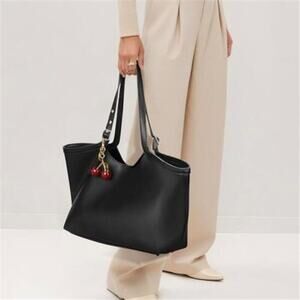 Black Vegan Leather Tote Bag Cherry Charm Shoulder Handbag Large Capacity